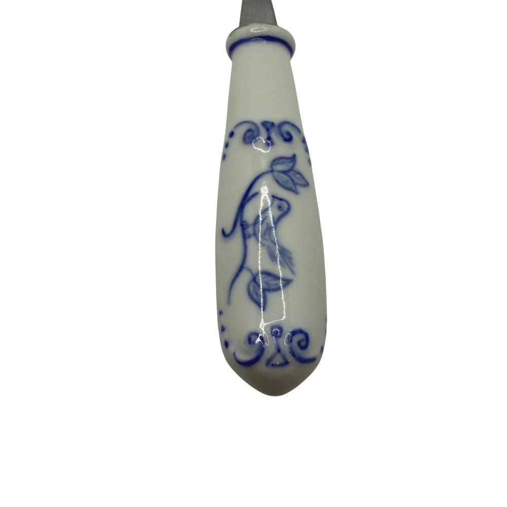 Vtg INOX Italy Spatula Ceramic Handle Blue White Bird Motif Kitchen Utensil